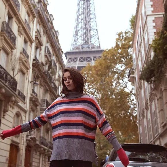 Cinq à Sept Layla Cashmere Sweater Striped Turtleneck Oversized Ruffled Hem