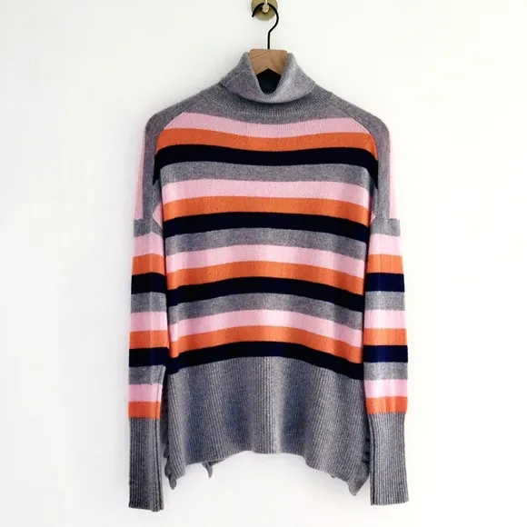 Cinq à Sept Layla Cashmere Sweater Striped Turtleneck Oversized Ruffled Hem