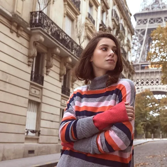 Cinq à Sept Layla Cashmere Sweater Striped Turtleneck Oversized Ruffled Hem