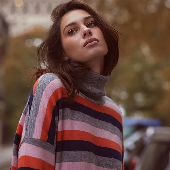 Cinq à Sept Layla Cashmere Sweater Striped Turtleneck Oversized Ruffled Hem