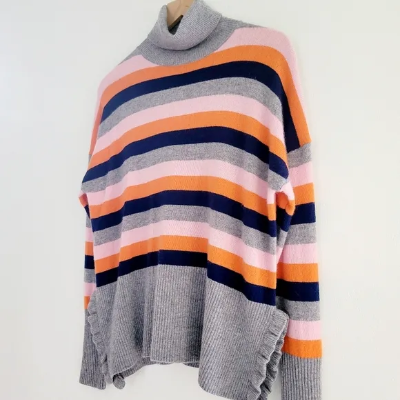 Cinq à Sept Layla Cashmere Sweater Striped Turtleneck Oversized Ruffled Hem