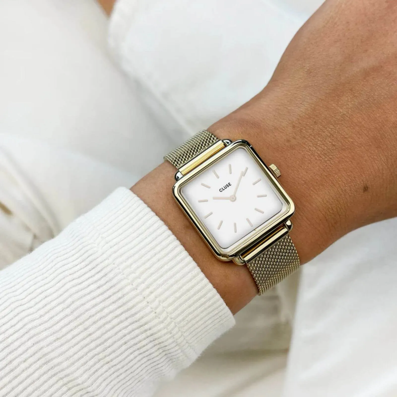 Cluse La Tetragone Gold Mesh Square Dial Watch - White