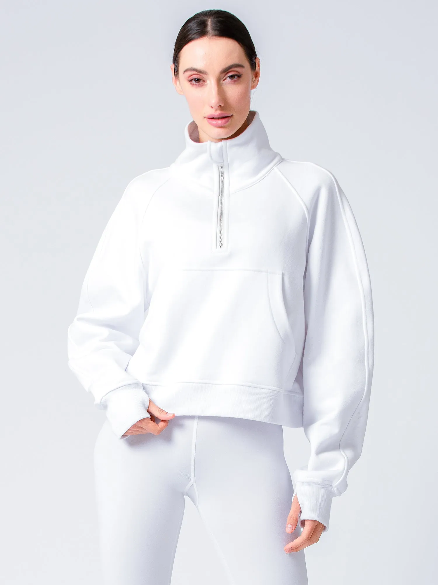COLLARED HALF ZIP RELAXED SWEATSHIRT, WHITE