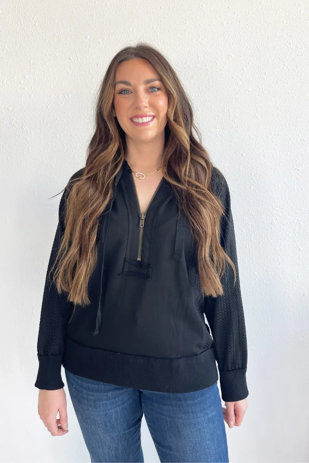 Contrast Sleeve Half Zip Hooded Sweatshirt