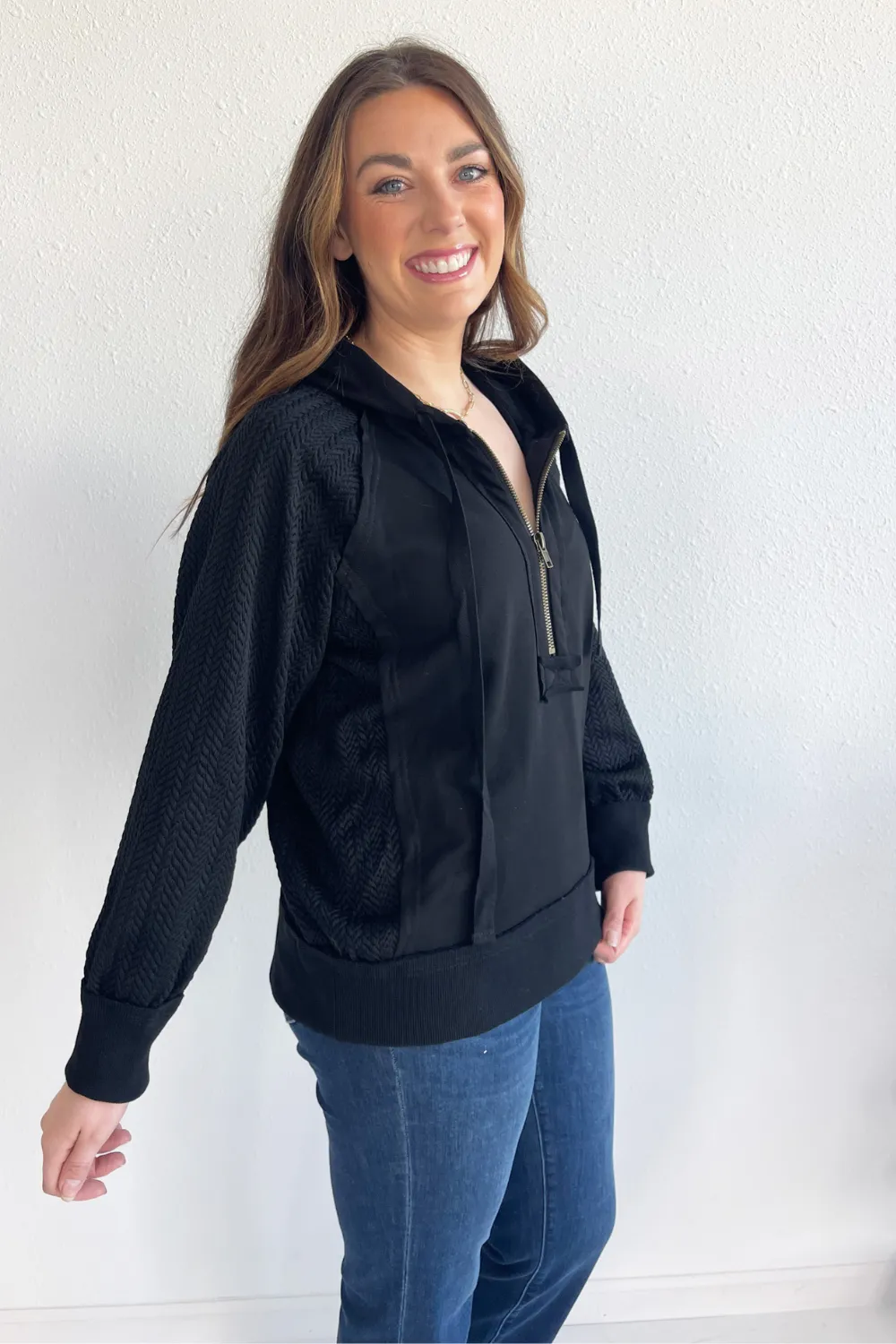 Contrast Sleeve Half Zip Hooded Sweatshirt