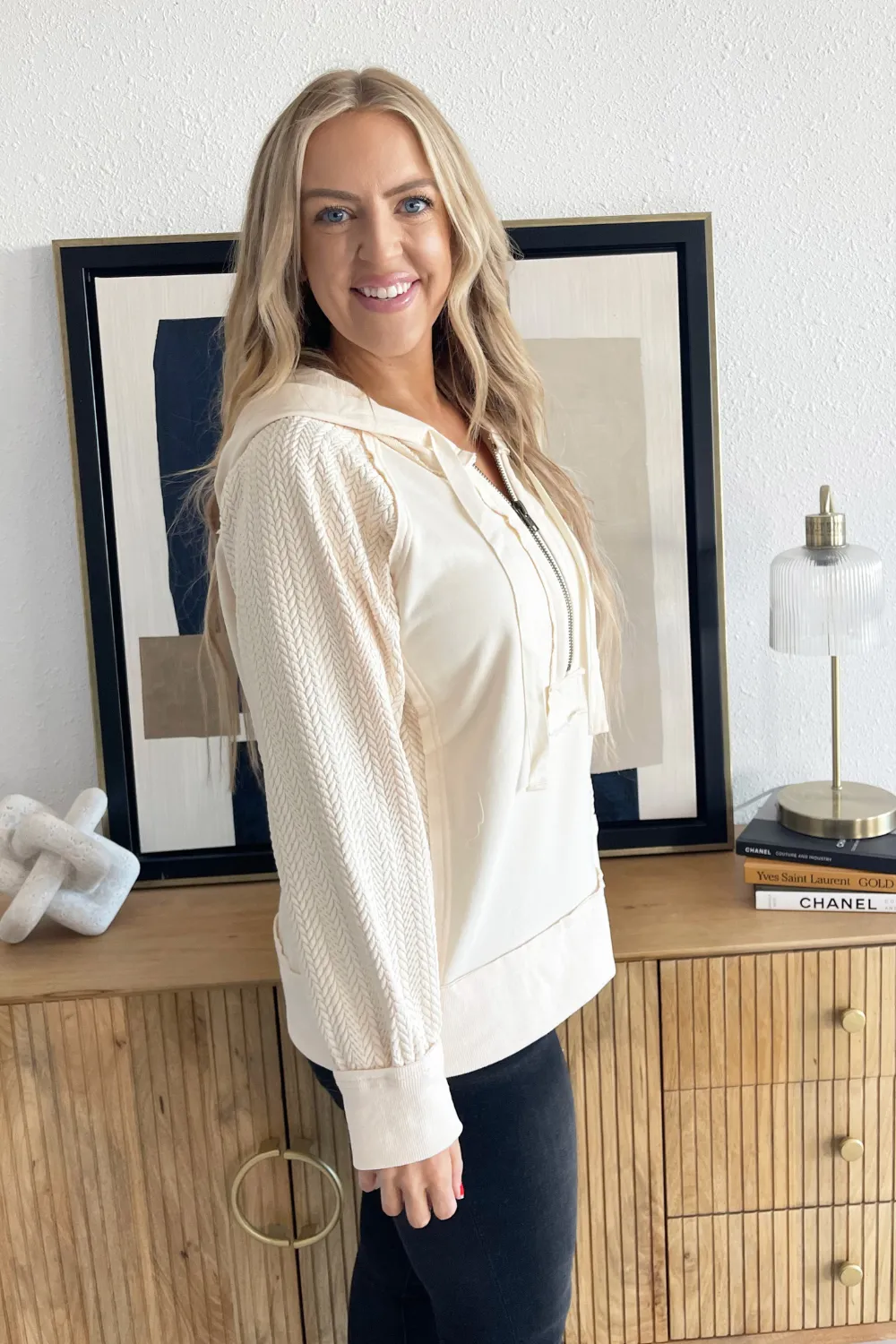 Contrast Sleeve Half Zip Hooded Sweatshirt