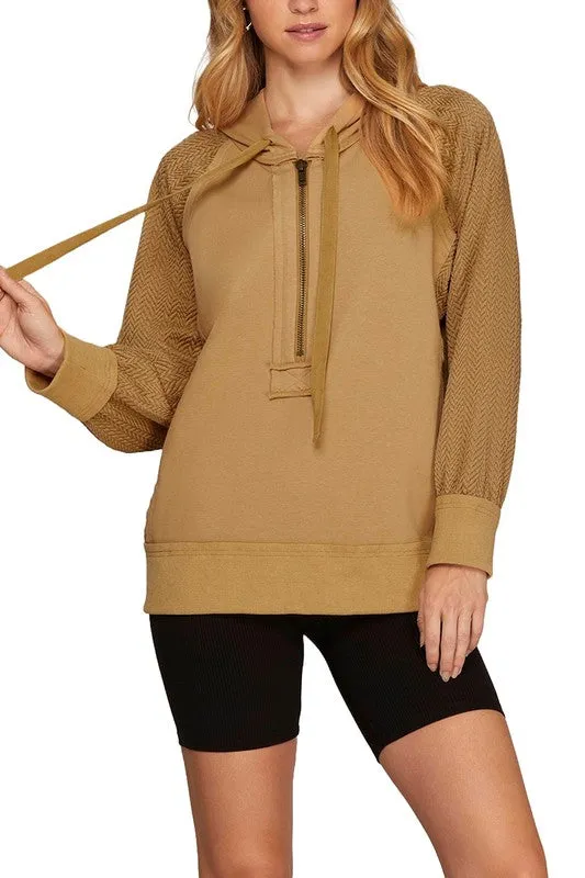 Contrast Sleeve Half Zip Hooded Sweatshirt
