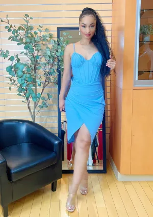 Corset Bustier Crossover Midi Dress (Sky Blue)