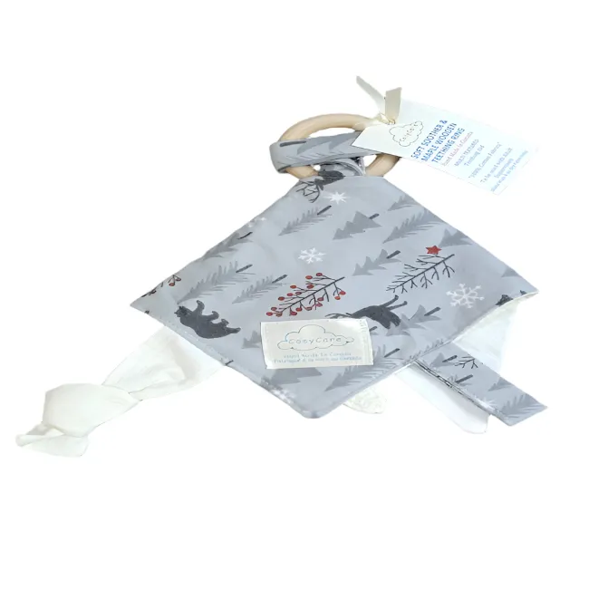 cosy care soft soother & maple wooden teething ring - grey forest