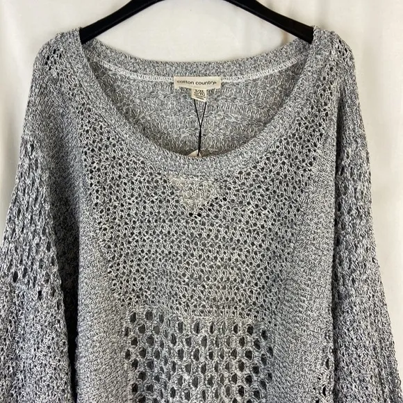 Cotton Country Gray &amp; White Tweed Mixed Loose Open Knit Sweater Size L/XL