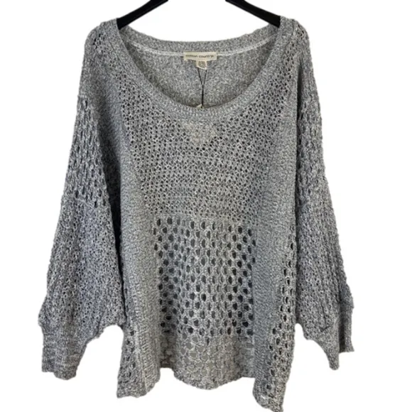 Cotton Country Gray &amp; White Tweed Mixed Loose Open Knit Sweater Size L/XL