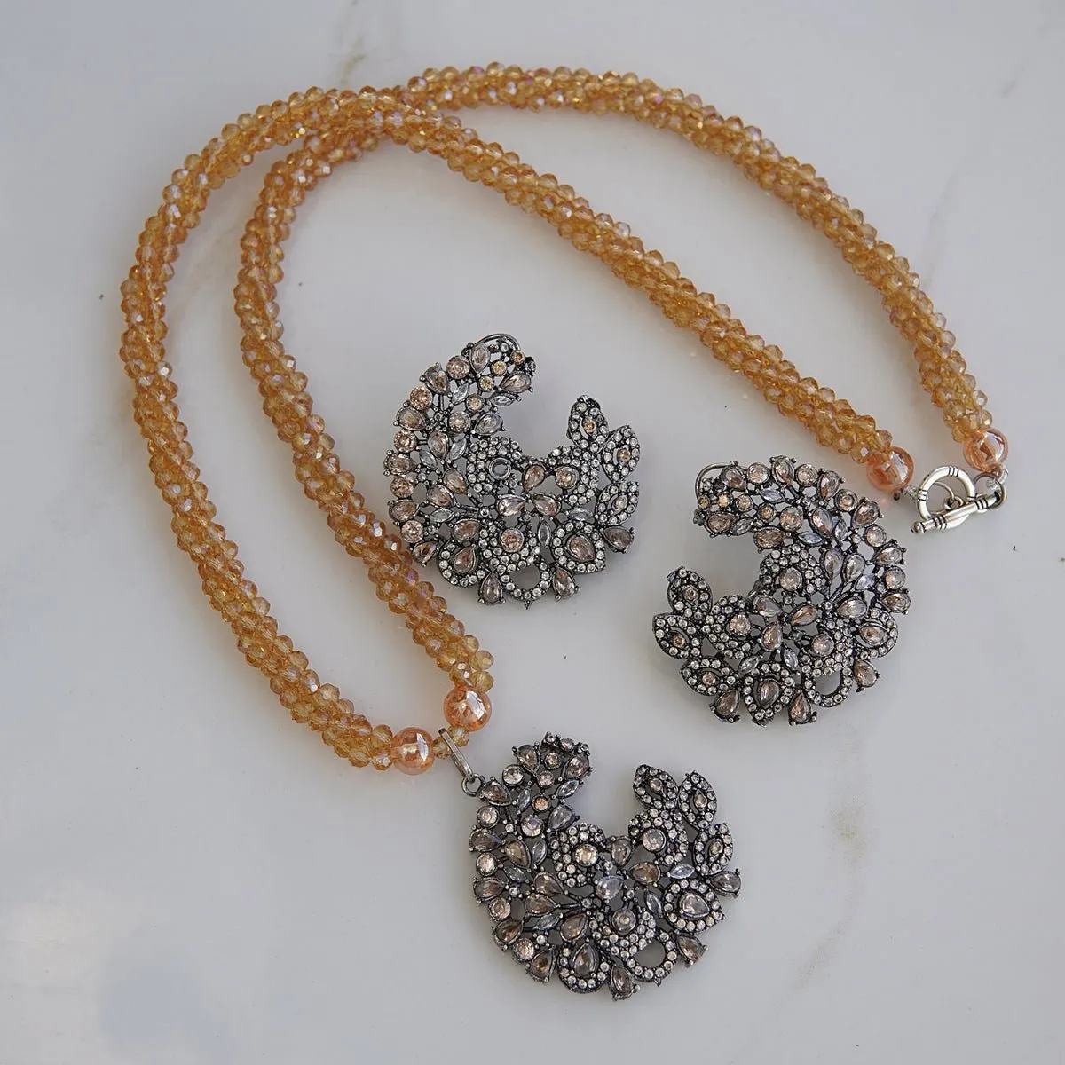 Cubic Zirconia Twisted Mala Pendant Set