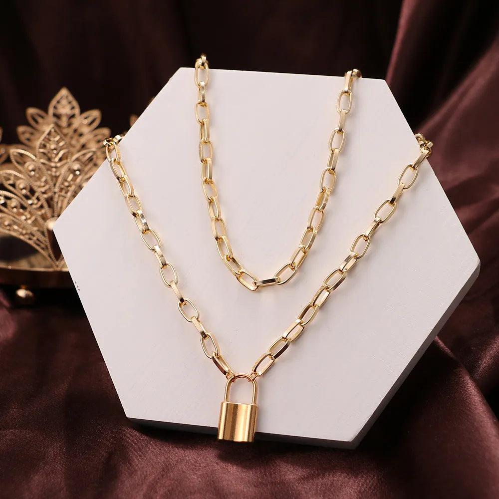 Double Layered Chunky Chain Link Lock Pendant