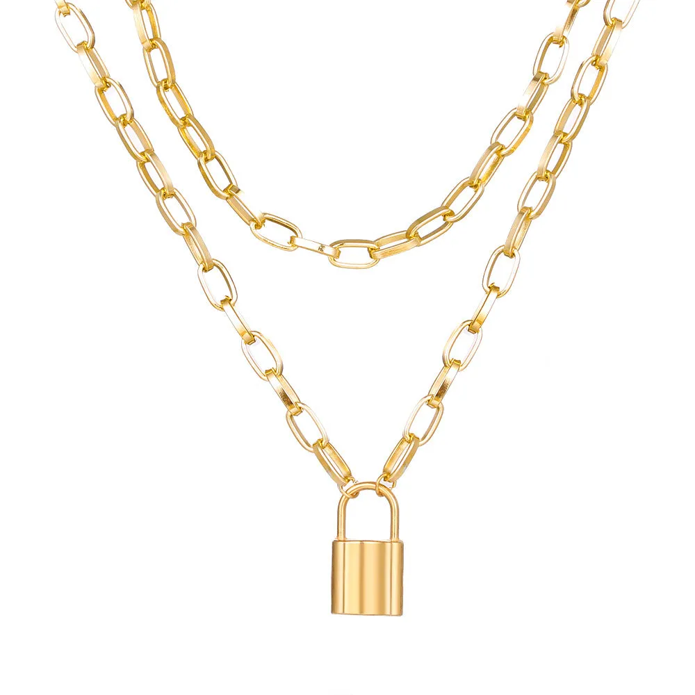 Double Layered Chunky Chain Link Lock Pendant