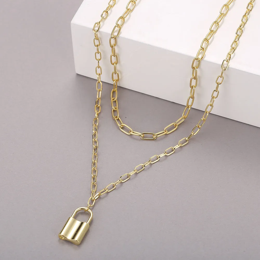 Double Layered Chunky Chain Link Lock Pendant