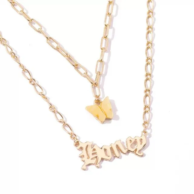 Double Layered Yellow Butterfly Honey Word Necklace