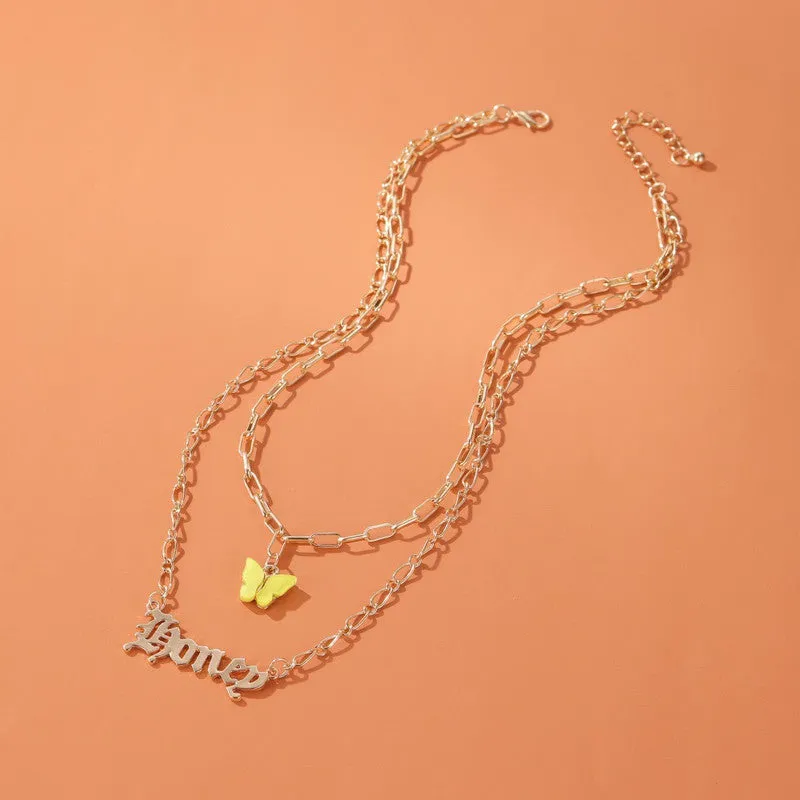 Double Layered Yellow Butterfly Honey Word Necklace