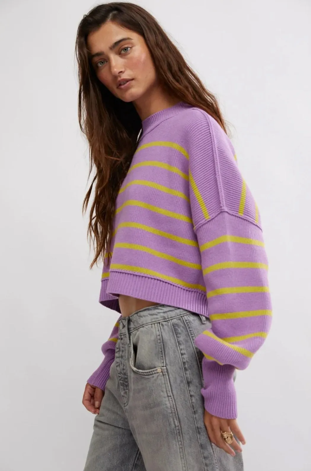 Easy Street Stripe Crop Pullover-Iris Orchid