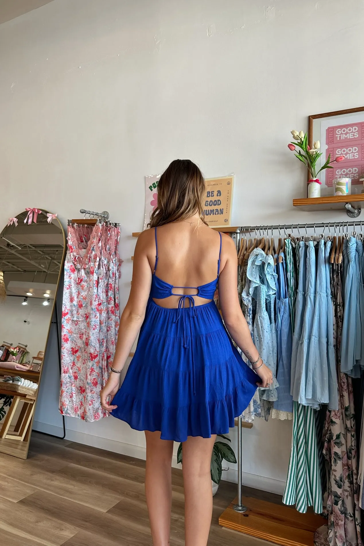 Elaine Open Back Dress in Blue | Restocked