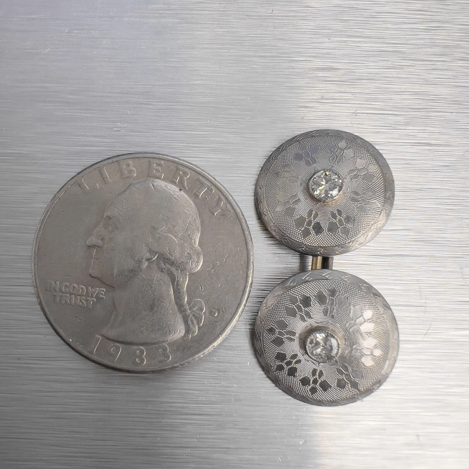 Estate 14k White Gold Diamond Textured Disk Men's Cufflinks 7.2g VINTAGE