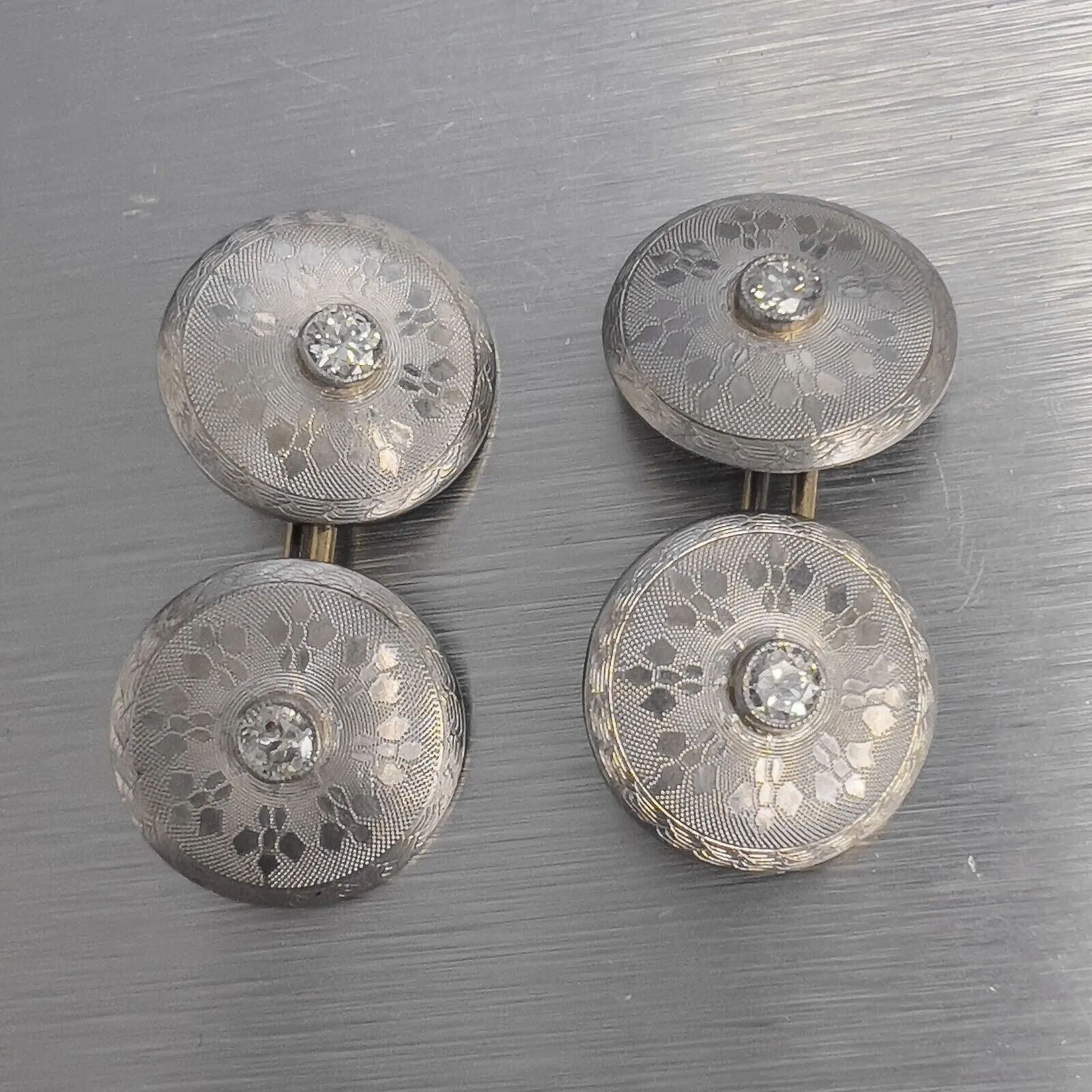 Estate 14k White Gold Diamond Textured Disk Men's Cufflinks 7.2g VINTAGE