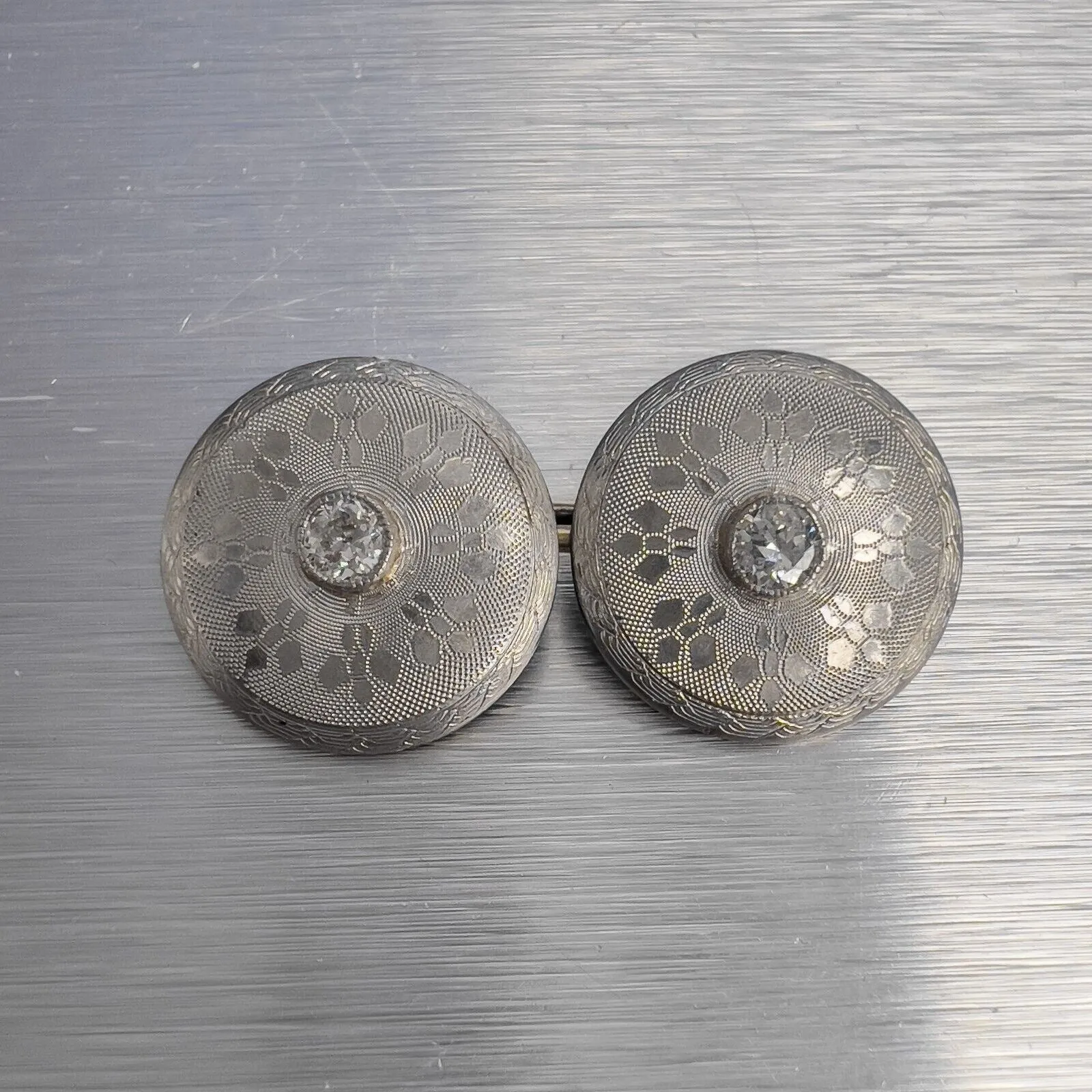 Estate 14k White Gold Diamond Textured Disk Men's Cufflinks 7.2g VINTAGE