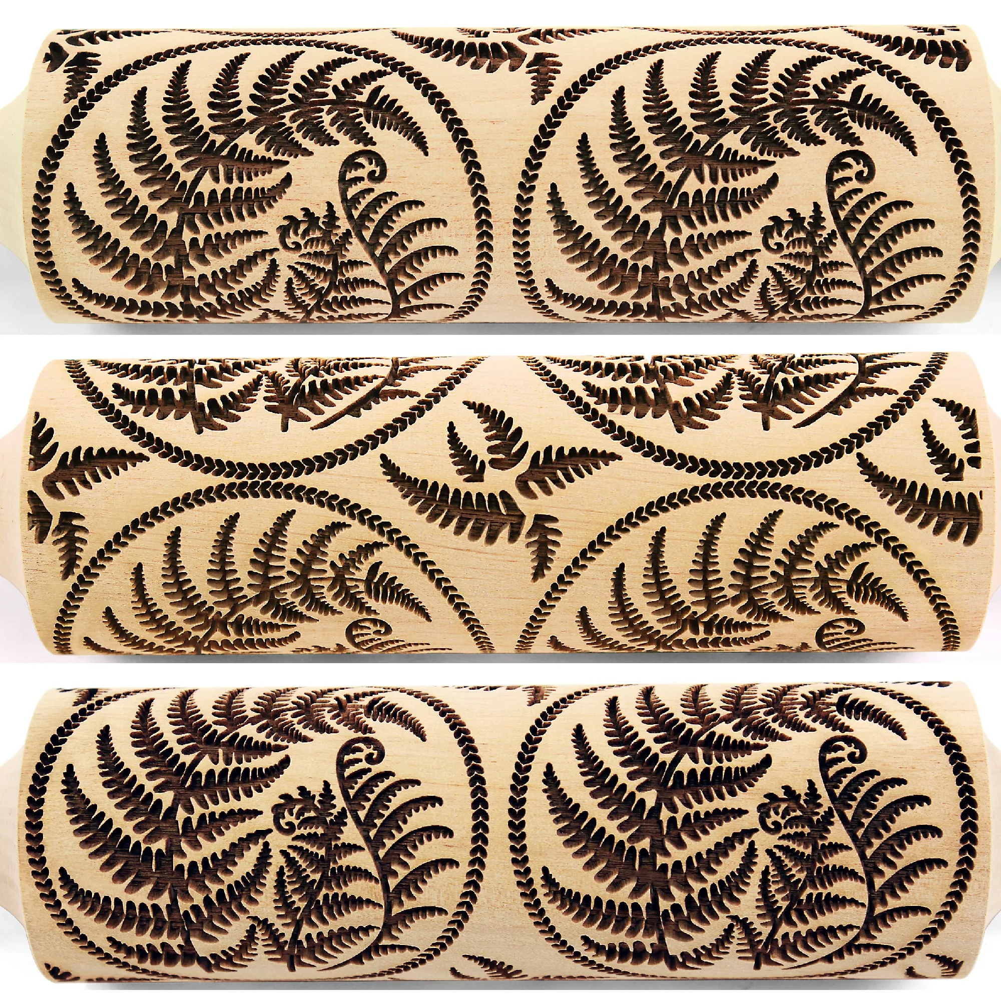 Fern Leaf Circle Forest Rolling Pin Embossed, Engraved, Texturred Sugar Cookies, Clay Roller, Shortbread, Pottery Stamp, Christmas Gift