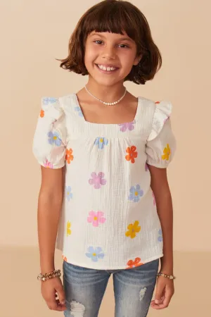 Floral Gauze Textured Square Neck Top