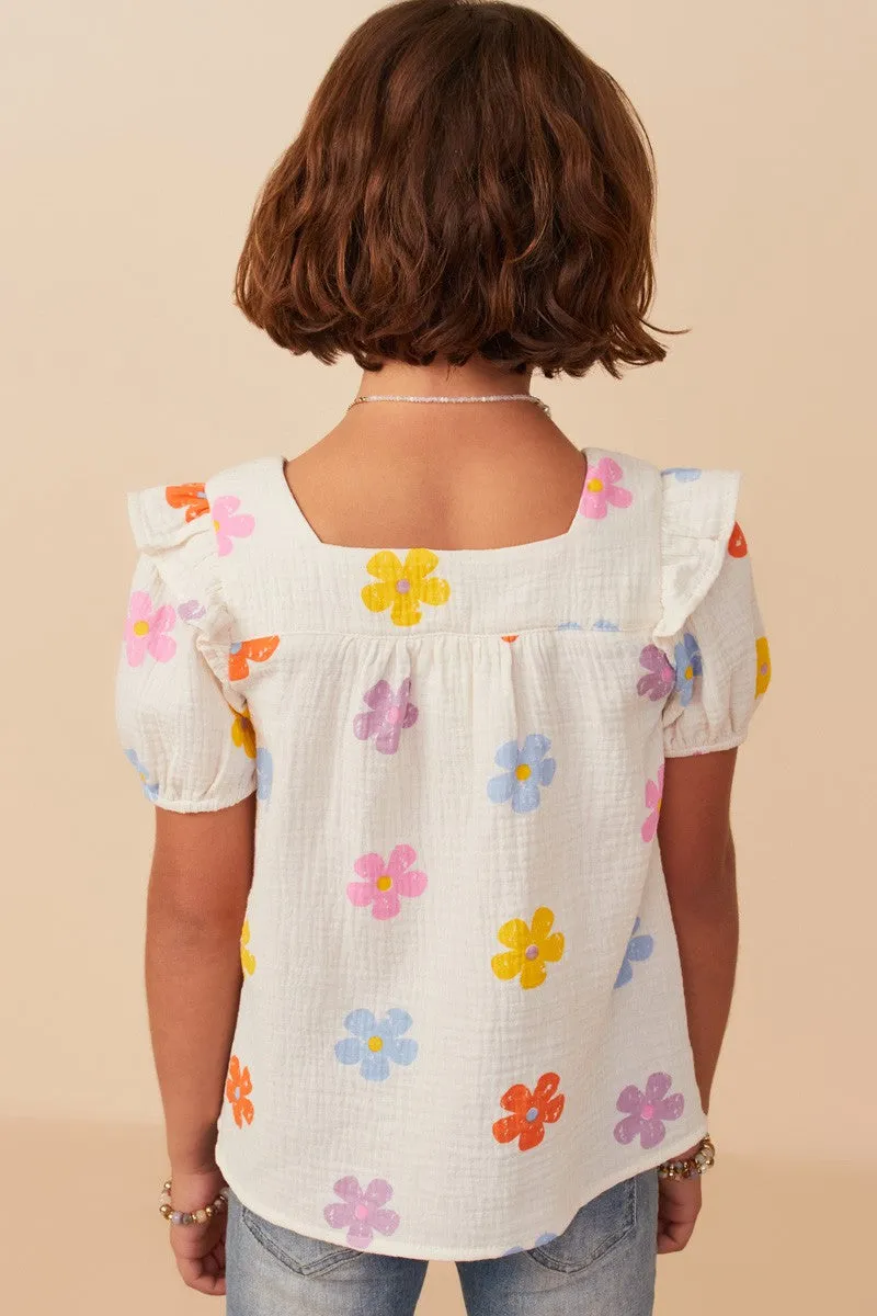 Floral Gauze Textured Square Neck Top