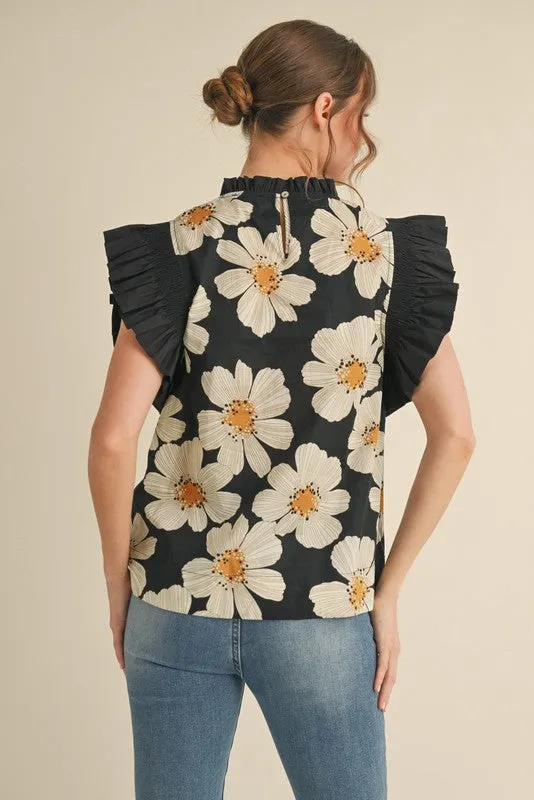 Flower Print Ruffly Shoulder Top