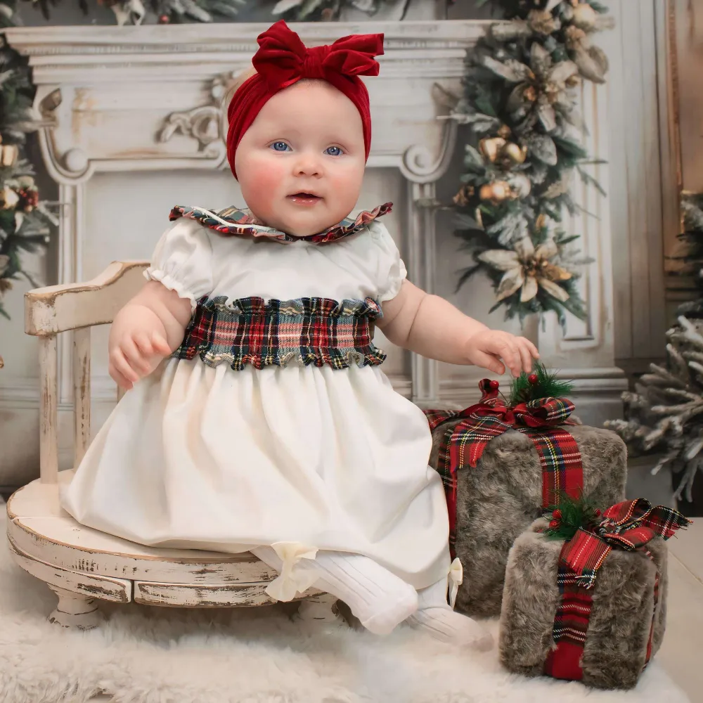 Fofettes Ivory Velvet Dress With Tartan Bow