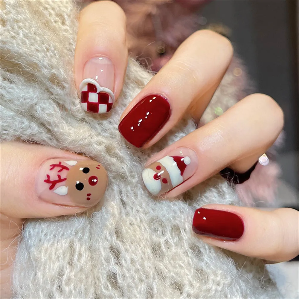 Fofosbeauty 6 Packs(144pcs) Christmas Nails, Press on Nails, Full Cover Acrylic Nails for Girls Women, Almond Square Red Deer Elk Snowflakes, 29