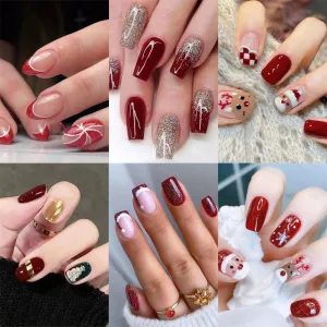 Fofosbeauty 6 Packs(144pcs) Christmas Nails, Press on Nails, Full Cover Acrylic Nails for Girls Women, Almond Square Red Deer Elk Snowflakes, 29