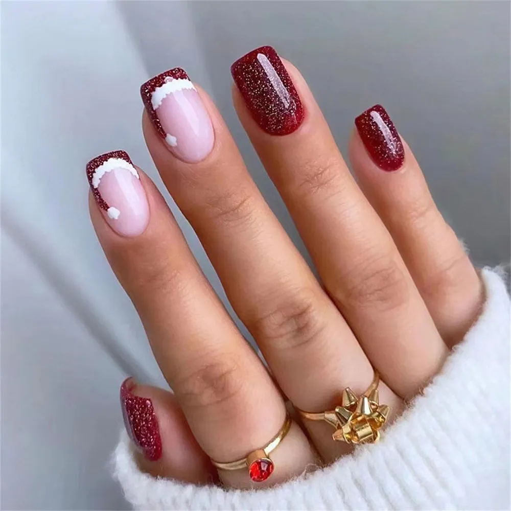 Fofosbeauty 6 Packs(144pcs) Christmas Nails, Press on Nails, Full Cover Acrylic Nails for Girls Women, Almond Square Red Deer Elk Snowflakes, 29