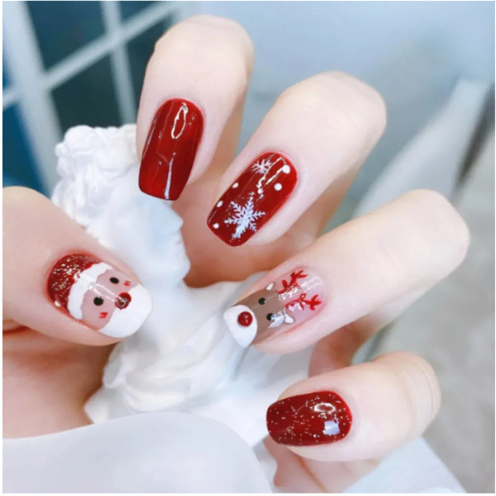 Fofosbeauty 6 Packs(144pcs) Christmas Nails, Press on Nails, Full Cover Acrylic Nails for Girls Women, Almond Square Red Deer Elk Snowflakes, 29