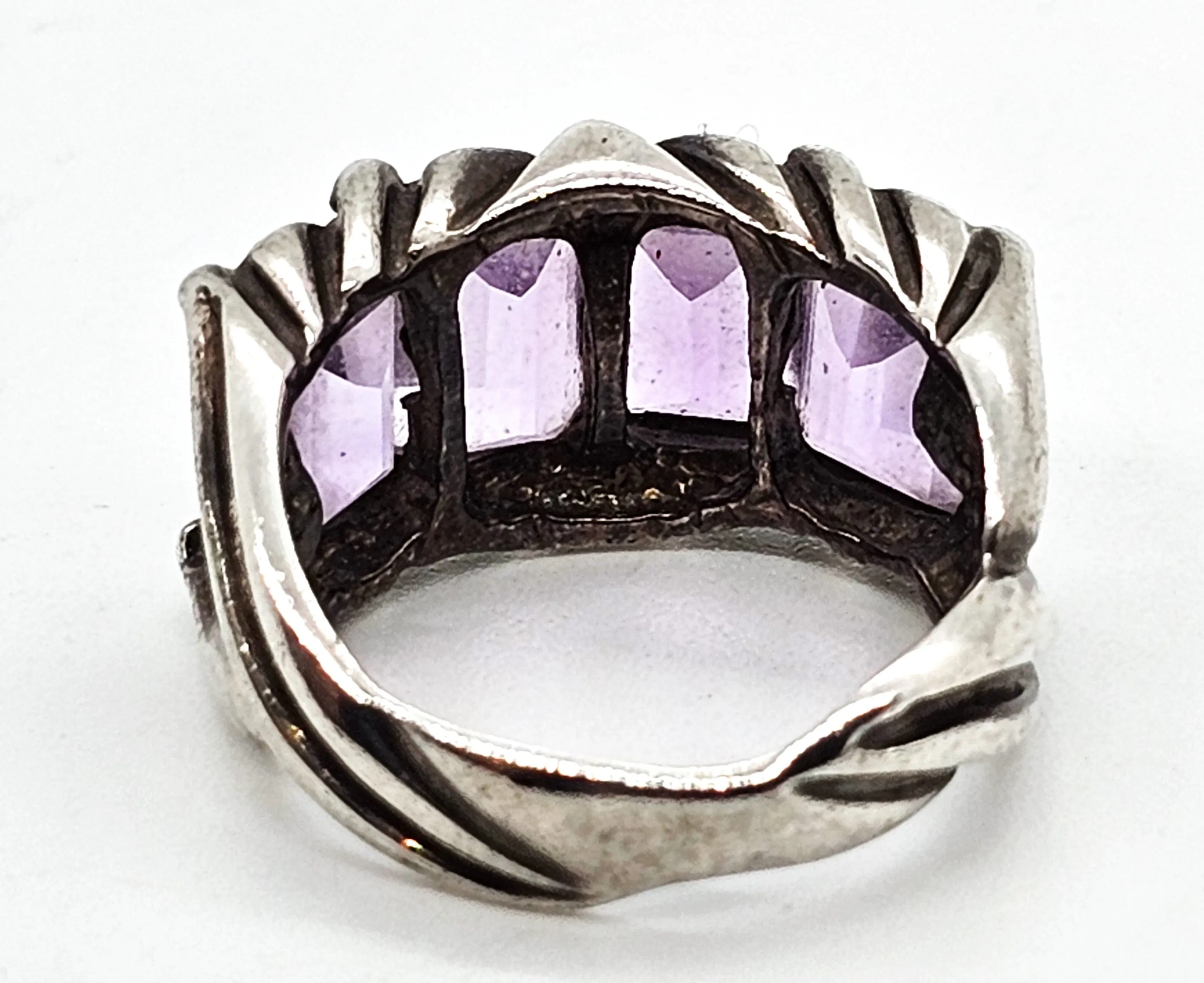 Four stone purple Amethyst thick band twisted CA vintage sterling silver ring size 7