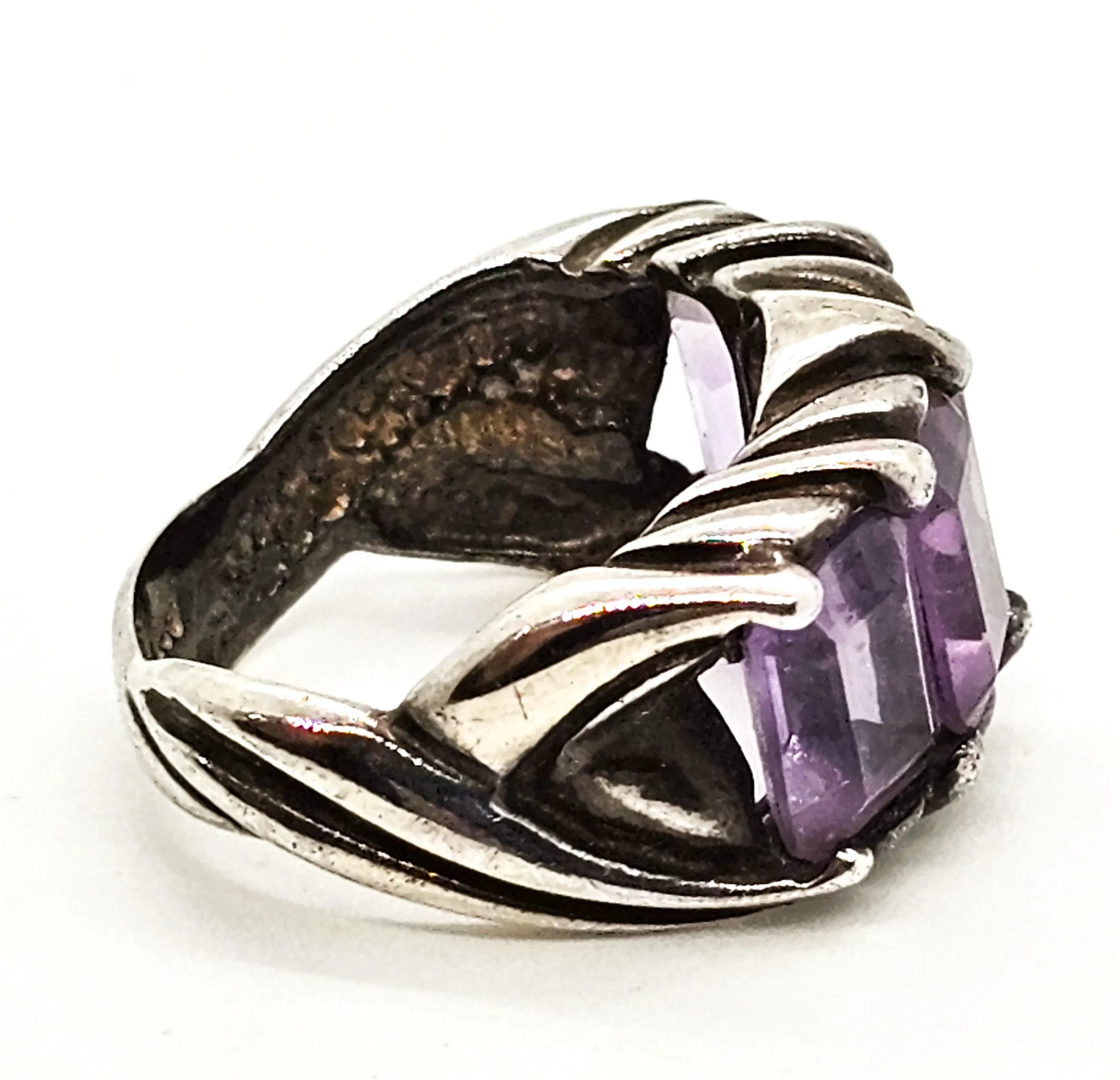 Four stone purple Amethyst thick band twisted CA vintage sterling silver ring size 7