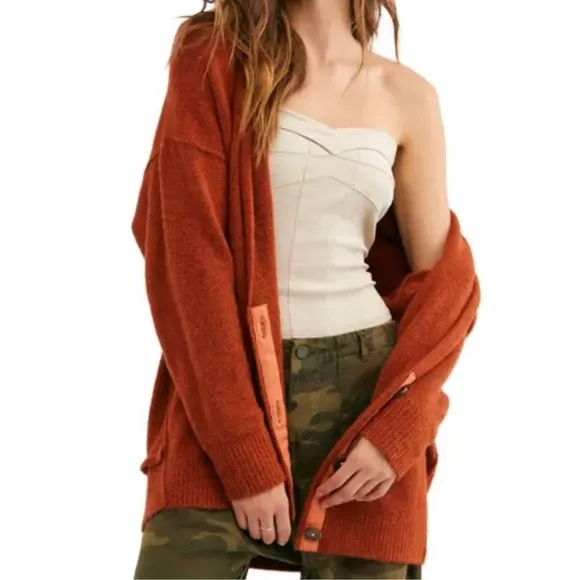 FREE PEOPLE Eucalyptus Cardigan Sweater Womens XS Rust Orange Brown Slouchy Cozy