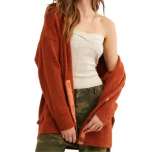 FREE PEOPLE Eucalyptus Cardigan Sweater Womens XS Rust Orange Brown Slouchy Cozy