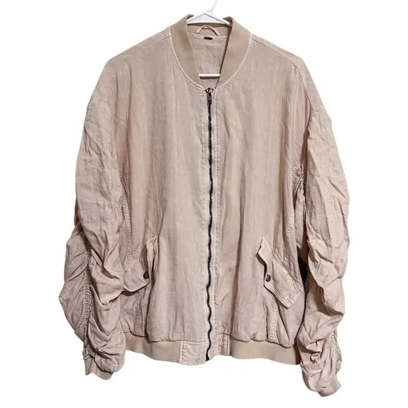 Free People Light Blush Pink Ruched Linen Bomber Zip Up Jacket