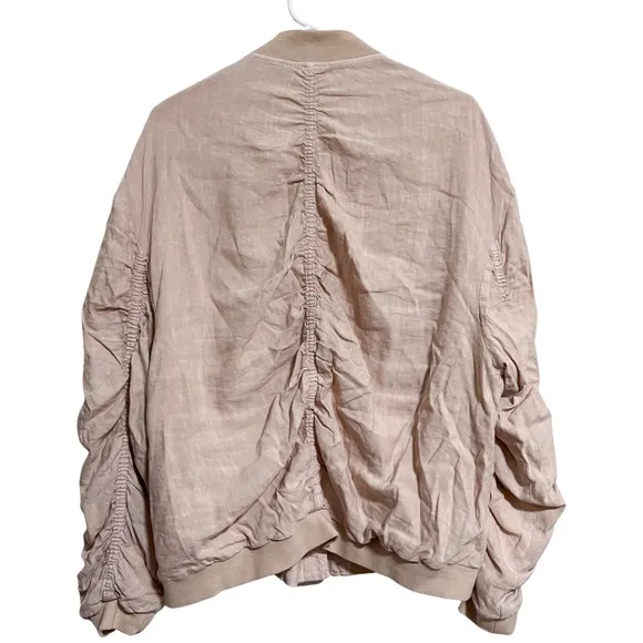 Free People Light Blush Pink Ruched Linen Bomber Zip Up Jacket