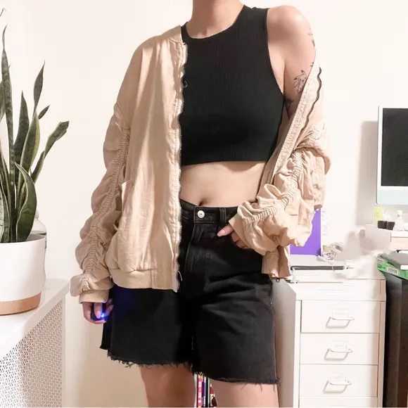 Free People Light Blush Pink Ruched Linen Bomber Zip Up Jacket