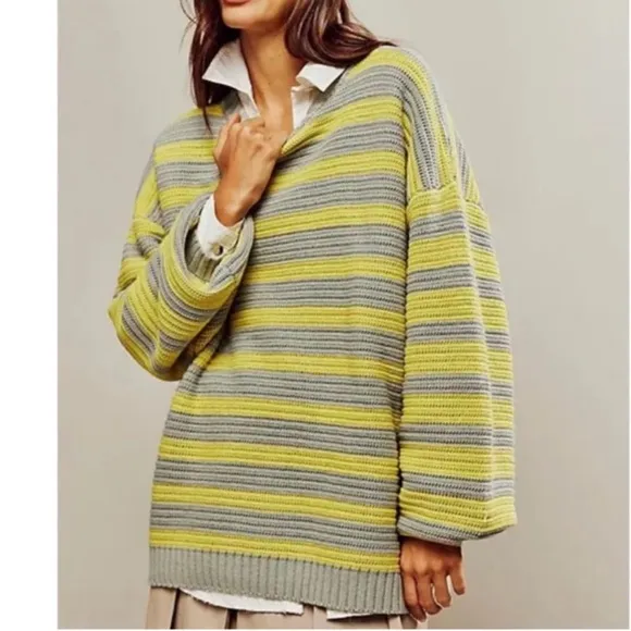 Free People Links Pullover Sweater M Crewneck Knit Oversized Striped Slouchy