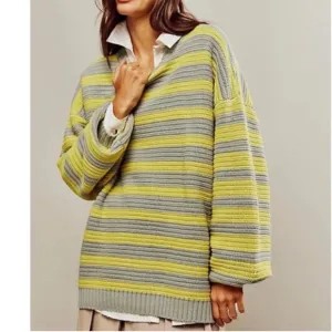 Free People Links Pullover Sweater M Crewneck Knit Oversized Striped Slouchy
