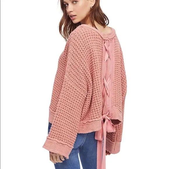 Free People Maybe Baby Chunky Crochet Knit Sweater Oversized Pink Fisherman