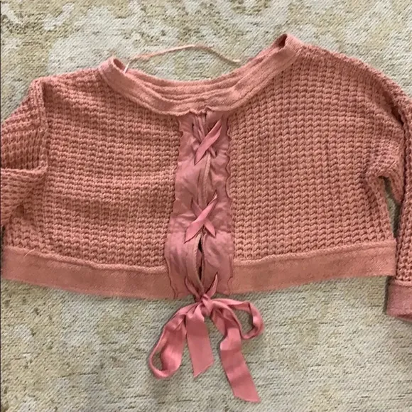 Free People Maybe Baby Chunky Crochet Knit Sweater Oversized Pink Fisherman