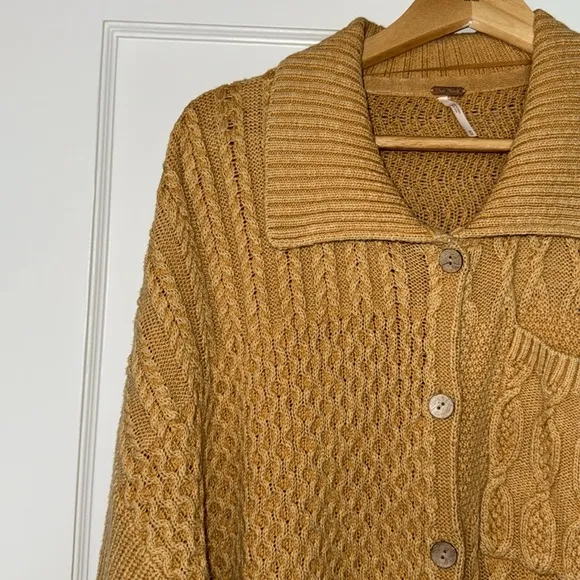 Free People Say Anything Yellow Cable Knit Cardigan Sweater Oversized  Medium