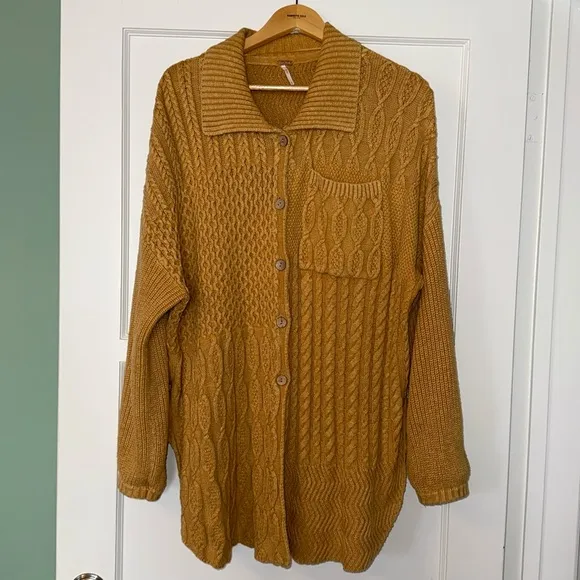 Free People Say Anything Yellow Cable Knit Cardigan Sweater Oversized  Medium