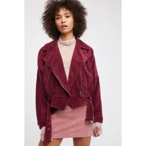 Free People Slouchy Corduroy Dolman Moto Cropped Jacket Burgundy Red Small