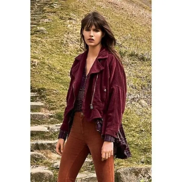 Free People Slouchy Corduroy Dolman Moto Cropped Jacket Burgundy Red Small